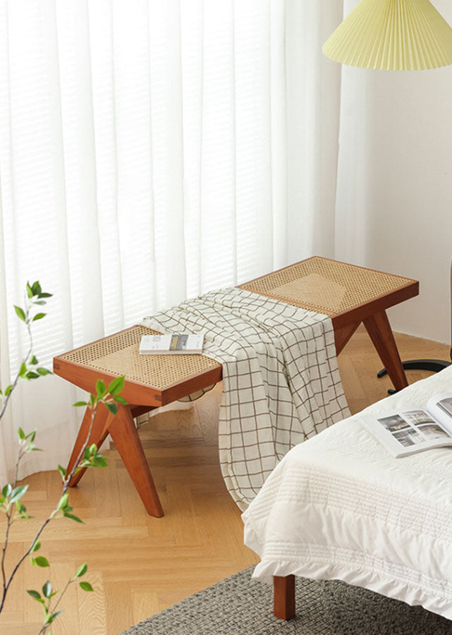 Chari Solid Wood and Rattan Bench / Stool