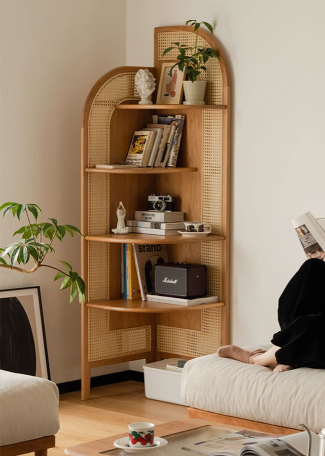 Droite Solid Wood and Rattan Corner Rack