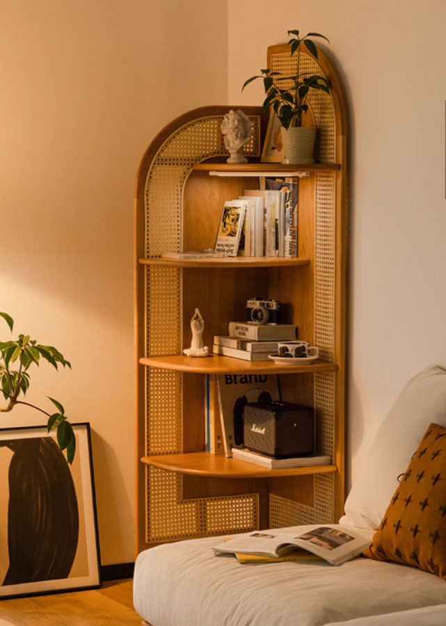 Droite Solid Wood and Rattan Corner Rack